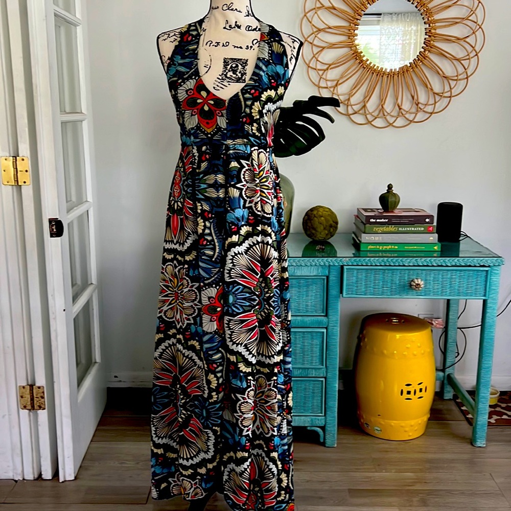 Womens Halter V Neck Split Maxi Romper Sleeveless Split Floral Jumpsuit